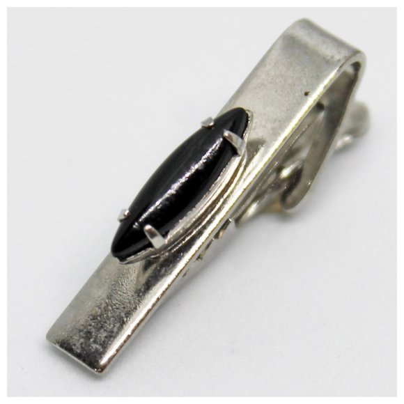 Vintage Silver & Black Marquis Cabachon Rectangle Tie Clip | Father's Day Gift - Picture 8 of 9